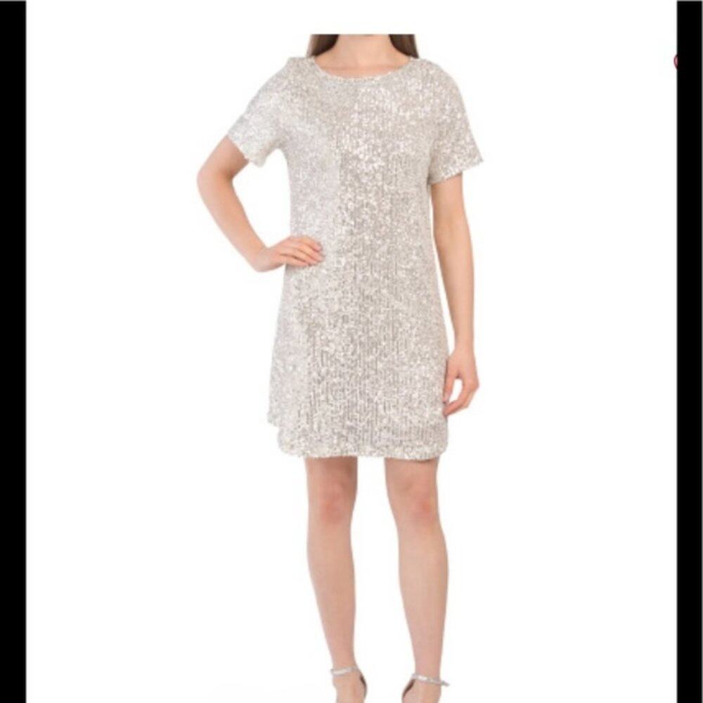 NEW 7 for All Mankind Short Sleeve Sequin Glitter Mini Dress Beige Silver Size S